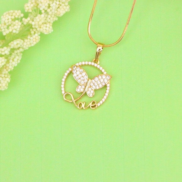 "Rose Gold Butterfly Pendant with Crystals and 'Love' Design, XPPT1478 - Picture 11 of 13